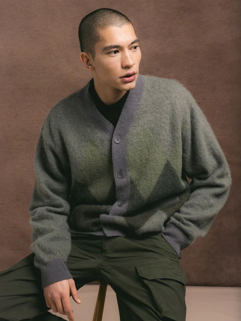 Muirfield Argyle Cardigan in Olive Brushed Mohair