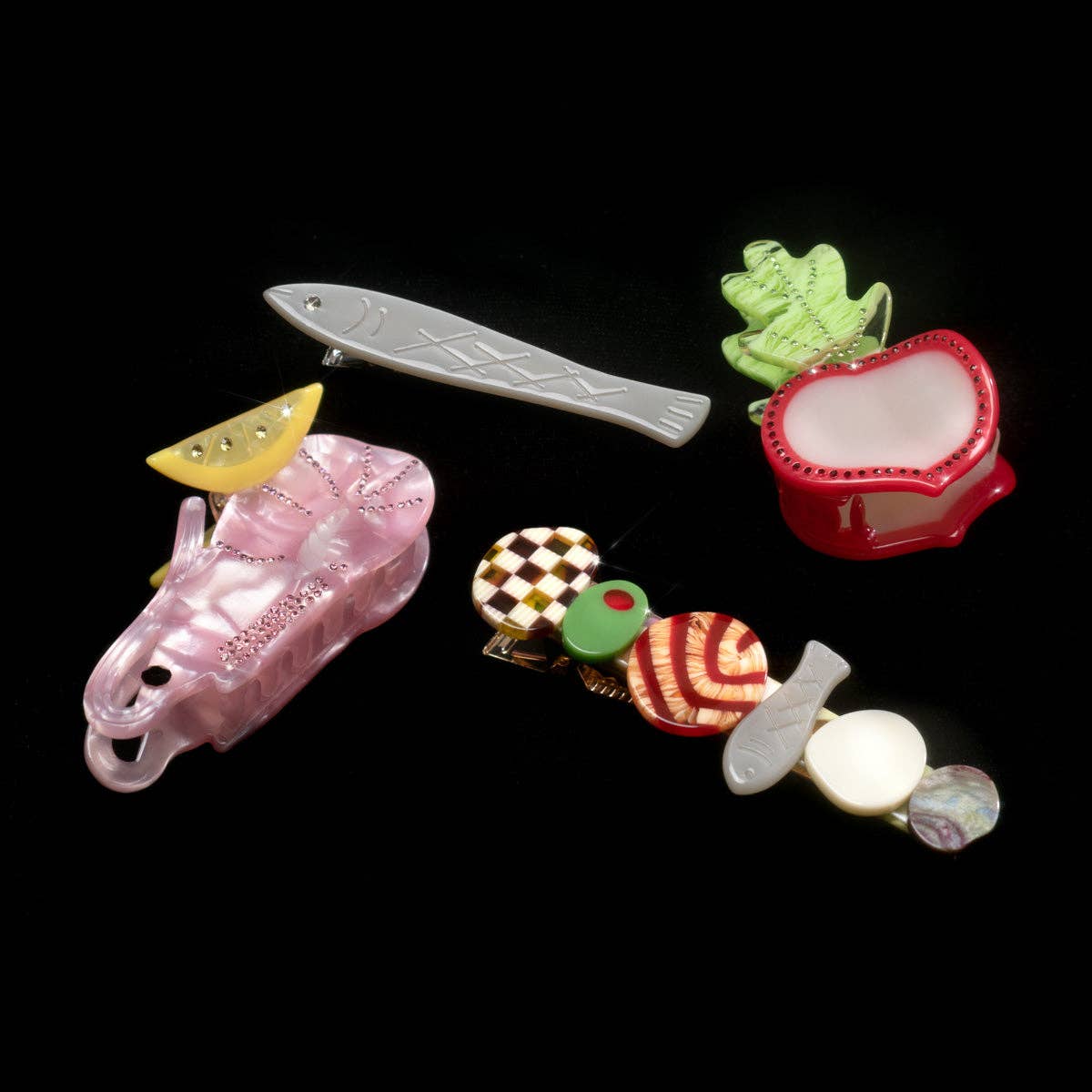 WINONA IRENE - Sardine Fish Hair Clip Set in Silver Acetate with Rhinestone