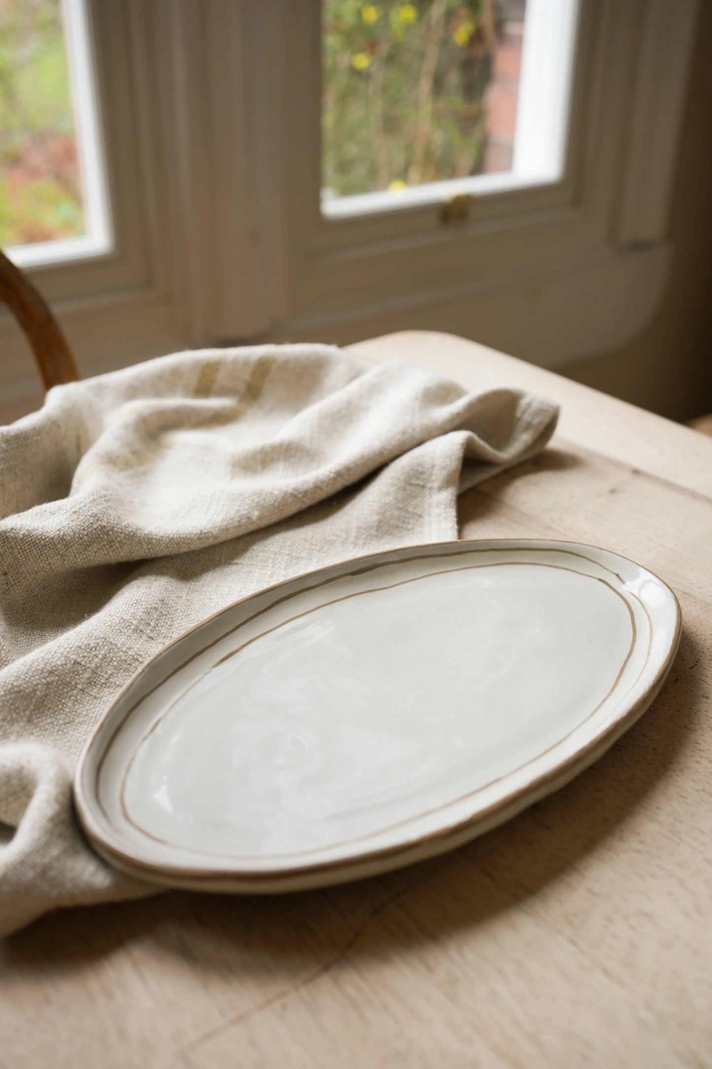 Hand Painted Breton Stripe Oval Plate - Taupe