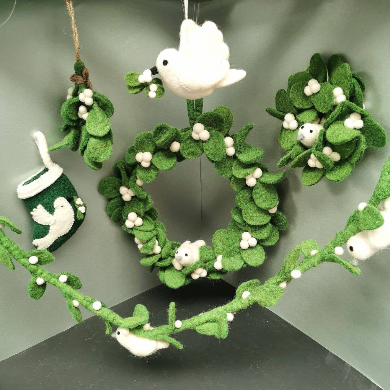 Felt So Good - Handmade Felt Mistletoe Dove Hanging Christmas Decoration