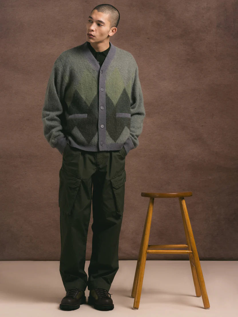 Muirfield Argyle Cardigan in Olive Brushed Mohair