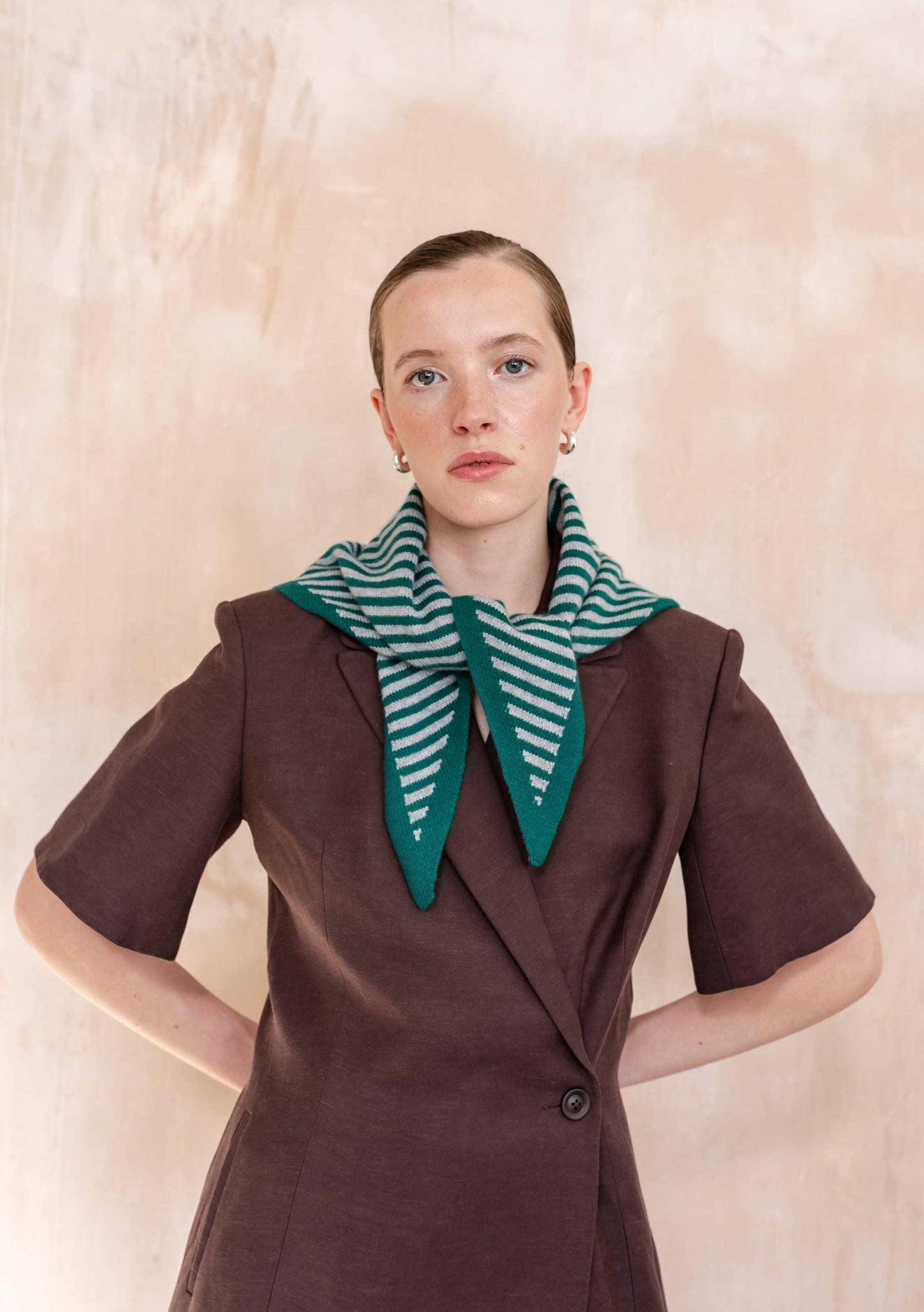 TBCo - Merino Wool Triangle Scarf in Green & Charcoal Stripe
