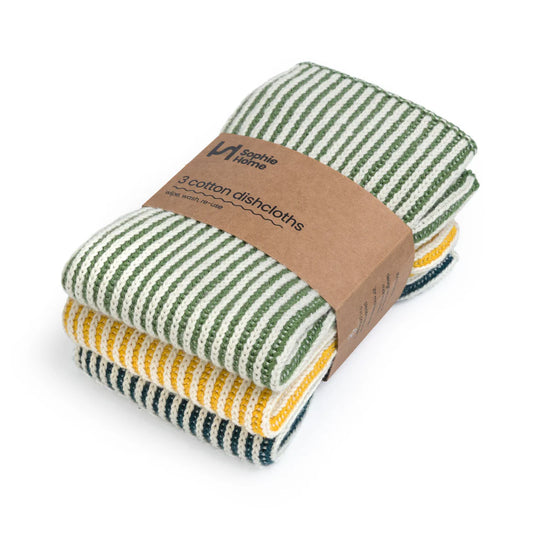 Sophie Home Ltd - Reusable & Eco-Friendly Cotton Dishcloths: Ribbed Green/Citrus/Ink
