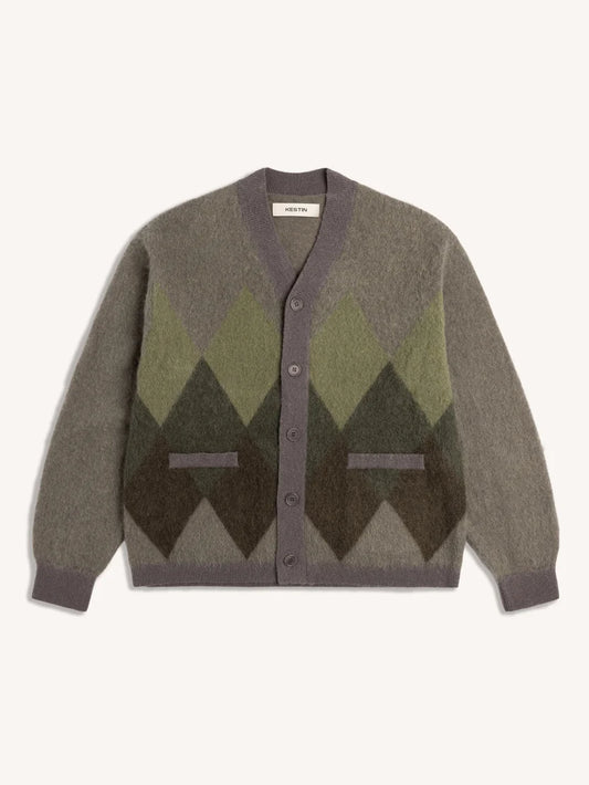 Muirfield Argyle Cardigan in Olive Brushed Mohair