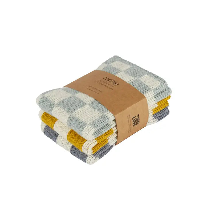 Cotton knit reusable dishcloths - acqua check