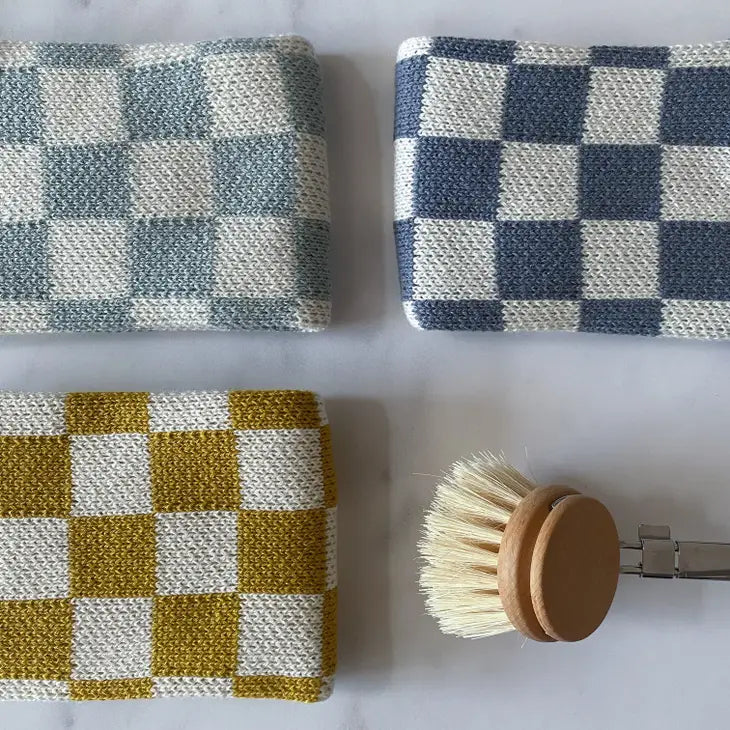 Cotton knit reusable dishcloths - acqua check