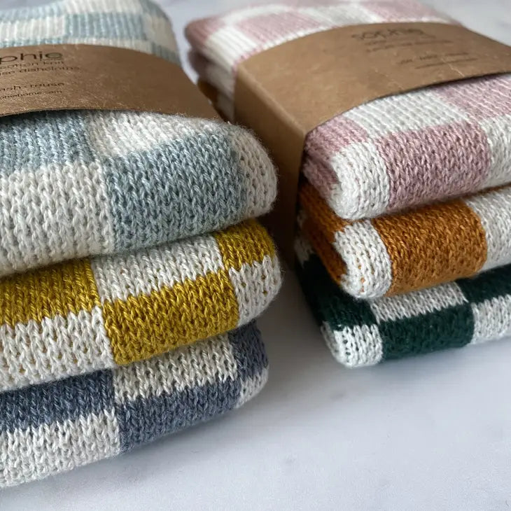 Cotton knit reusable dishcloths - pink check