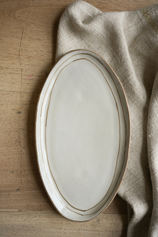 Hand Painted Breton Stripe Oval Plate - Taupe