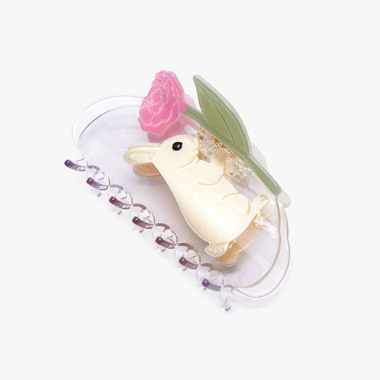 WINONA IRENE - Cream Bunny Rabbit with Pink Peony Flower Acetate Hair Claw