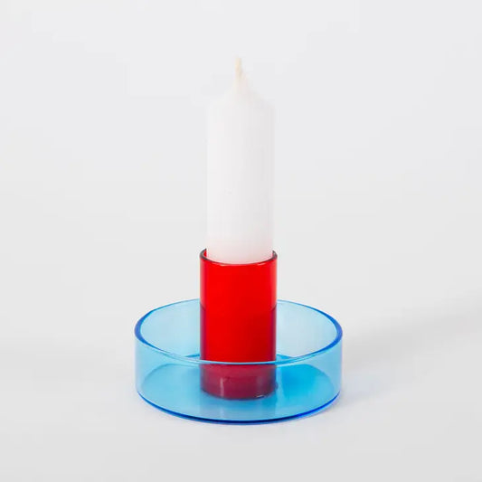 Blue + red glass candle holder
