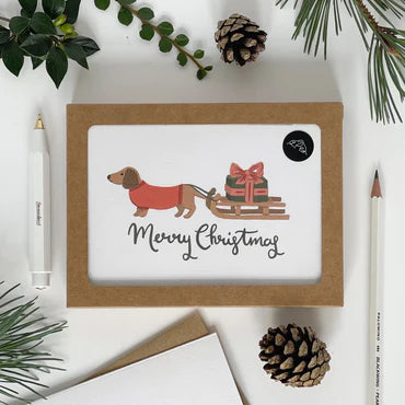 Dachshund Pulling The Sledge Merry Christmas x 6
