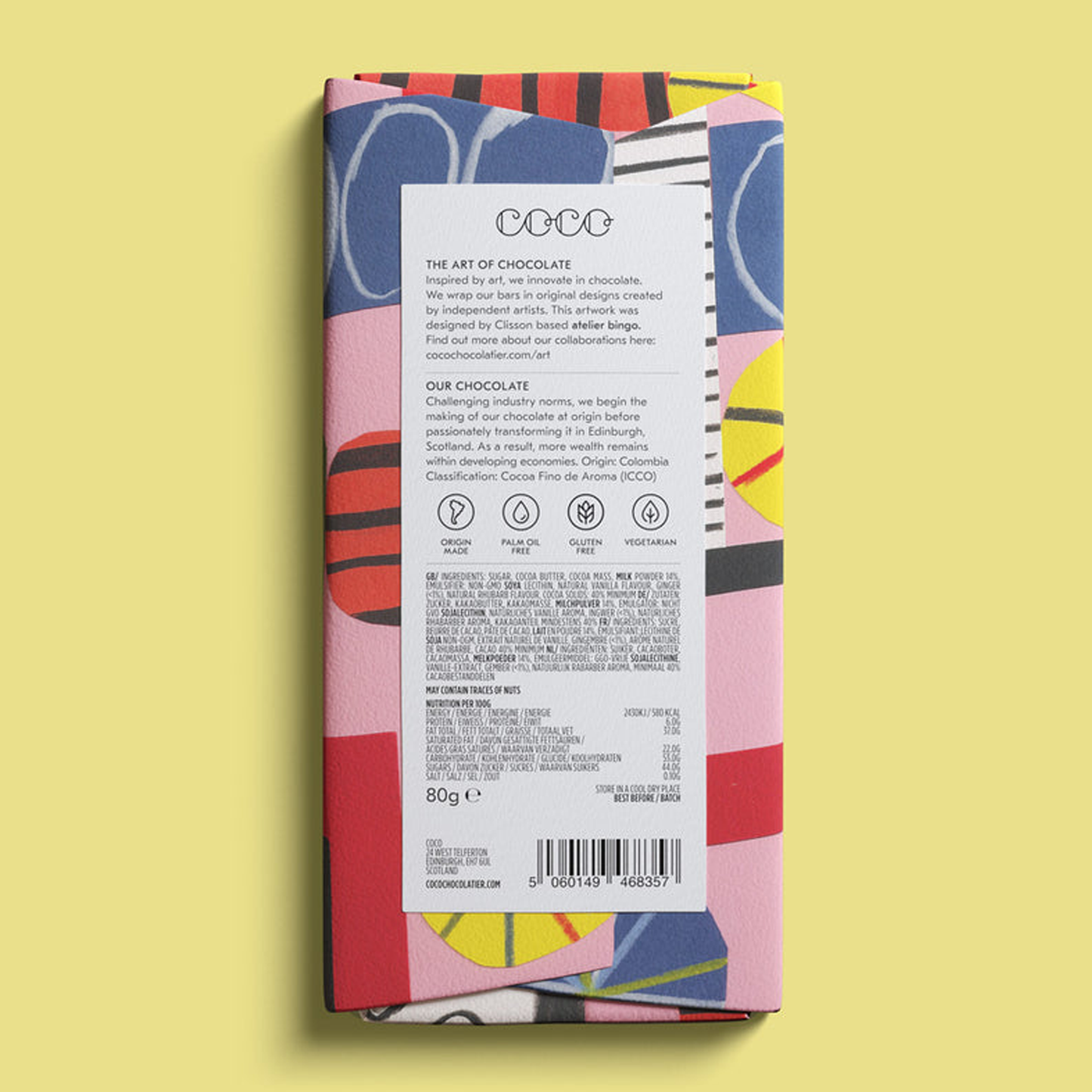 COCO Chocolatier - Rhubarb & Ginger Milk Chocolate Bar (Pack of 12)