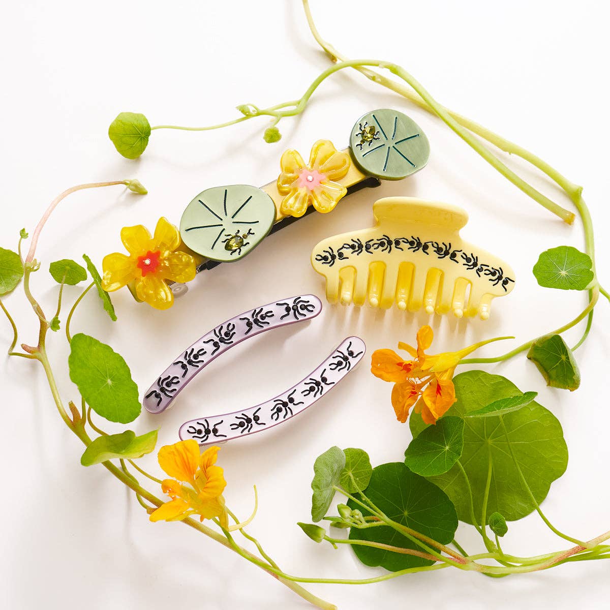 WINONA IRENE - Jeweled Nasturtium French Barrette - Flower Beetle Hair Clip