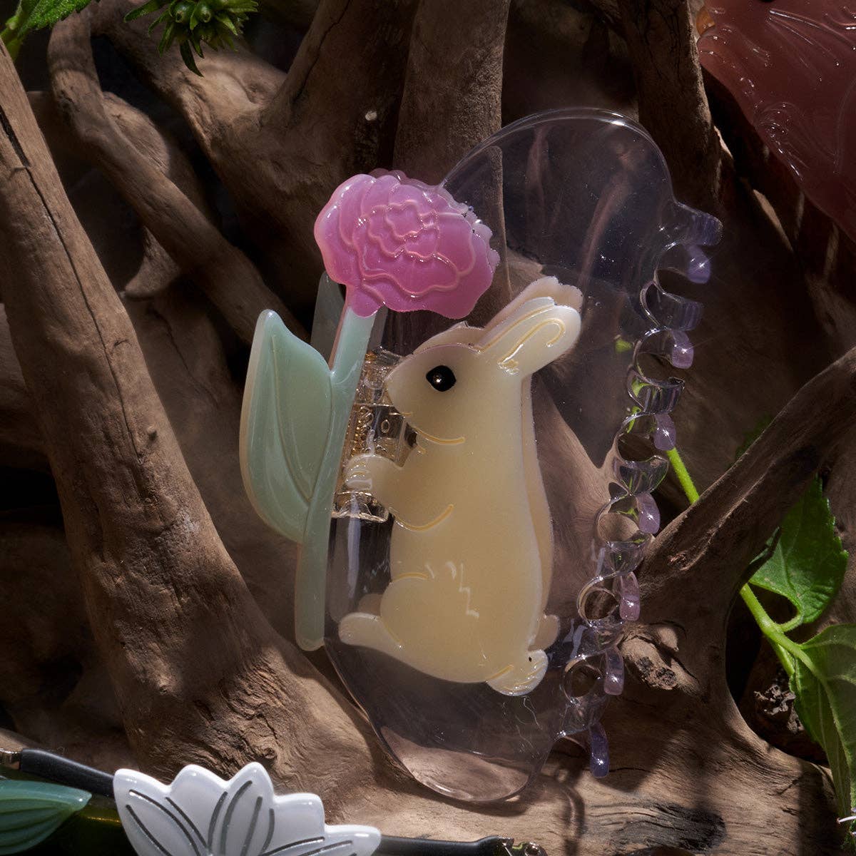 WINONA IRENE - Cream Bunny Rabbit with Pink Peony Flower Acetate Hair Claw