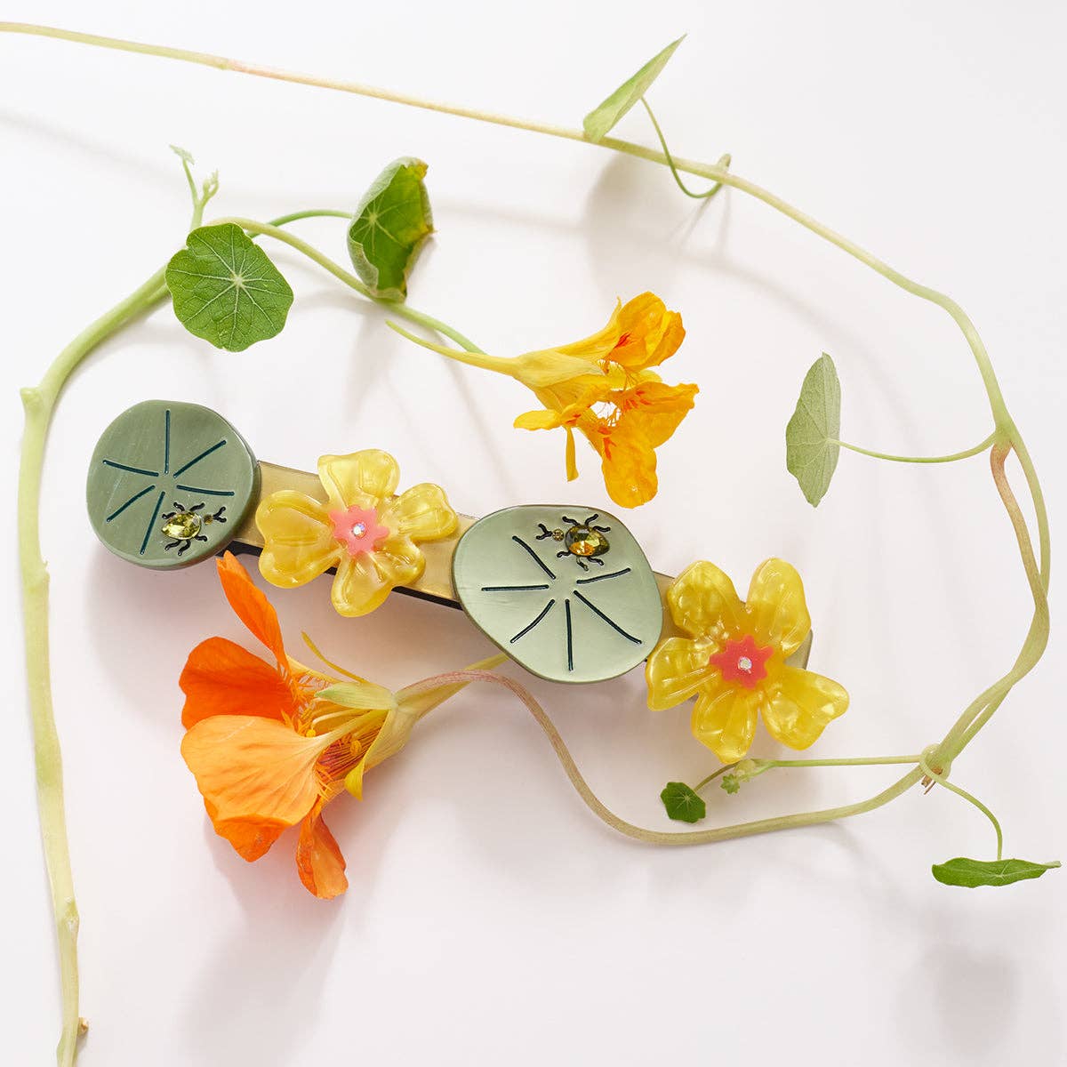 WINONA IRENE - Jeweled Nasturtium French Barrette - Flower Beetle Hair Clip
