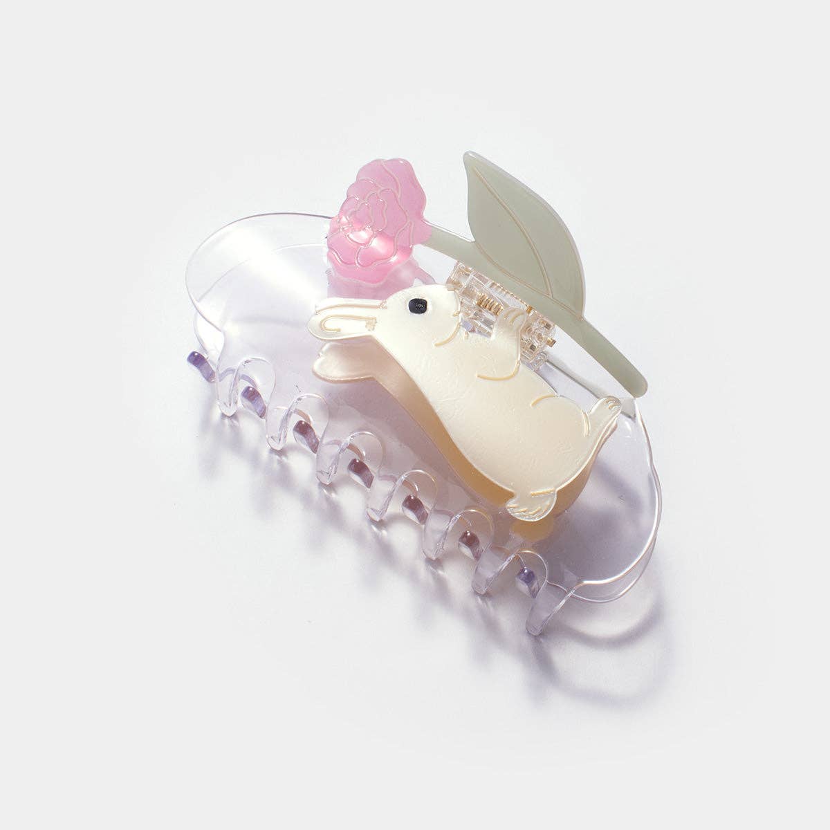 WINONA IRENE - Cream Bunny Rabbit with Pink Peony Flower Acetate Hair Claw