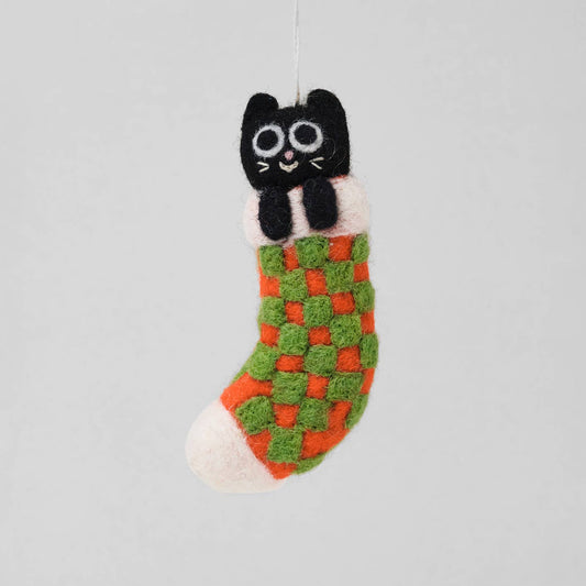 Viv Cat in Checkered Stocking Hanging Felt Ornament