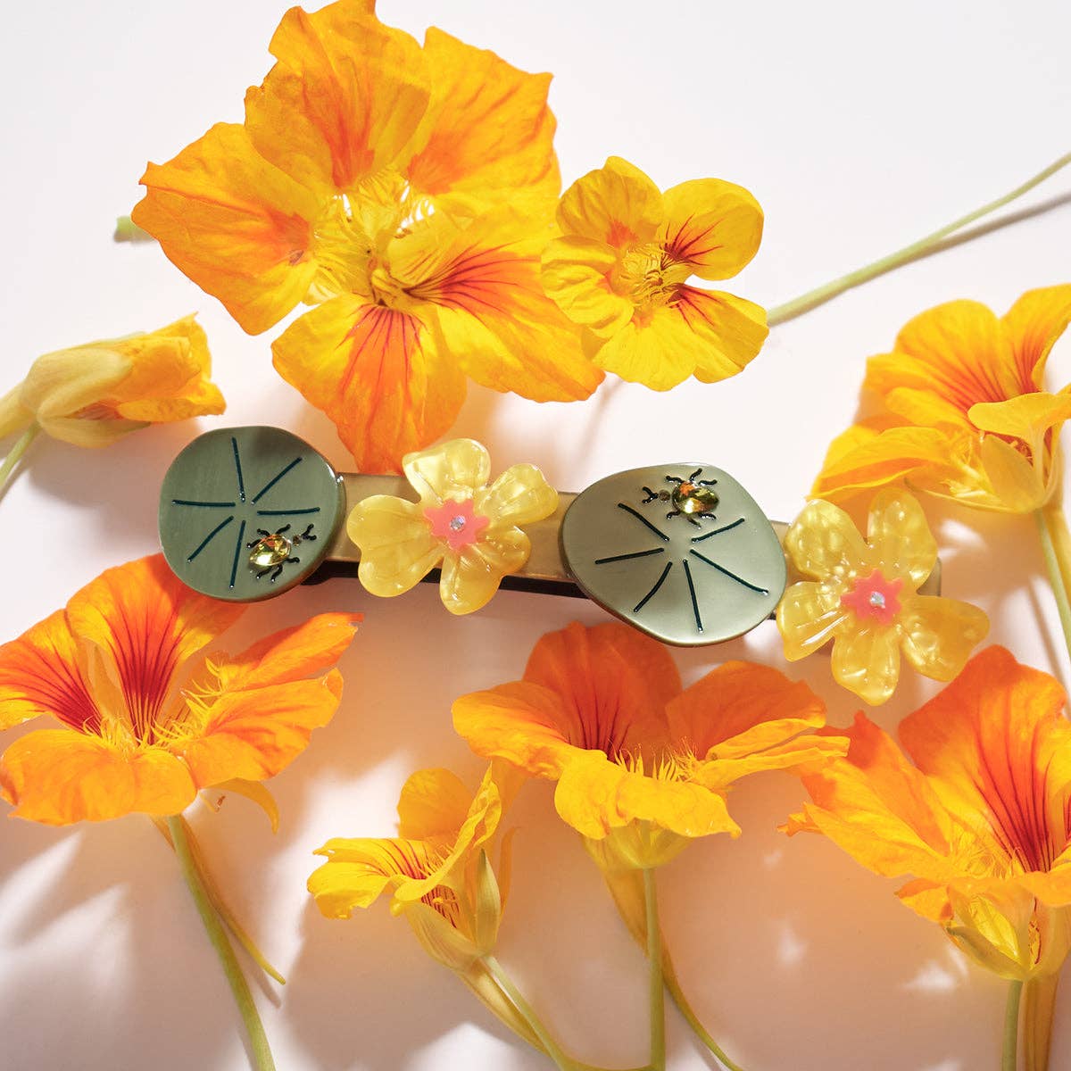 WINONA IRENE - Jeweled Nasturtium French Barrette - Flower Beetle Hair Clip