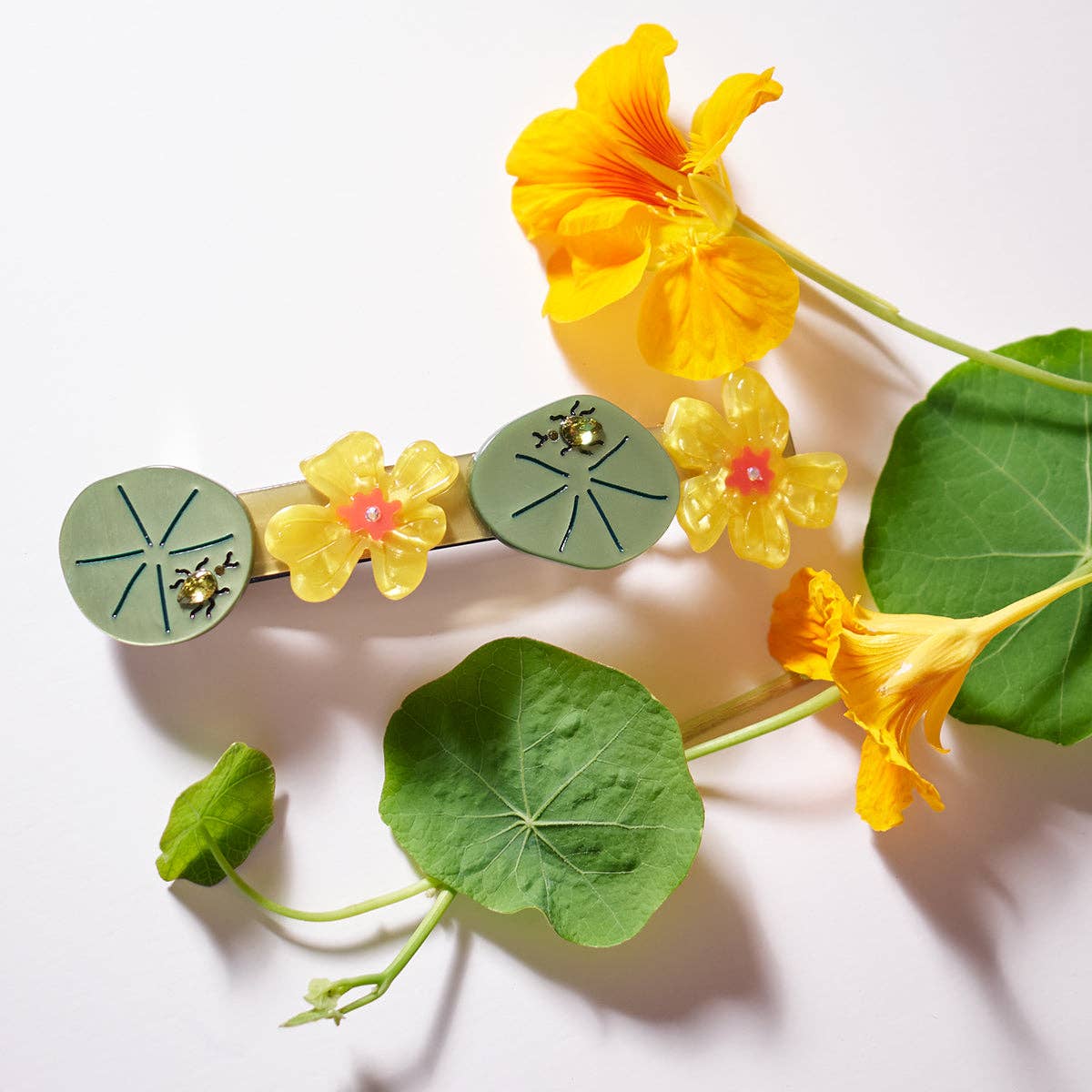 WINONA IRENE - Jeweled Nasturtium French Barrette - Flower Beetle Hair Clip