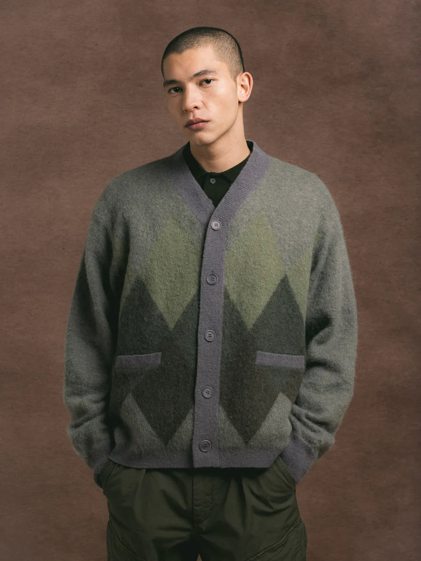 Muirfield Argyle Cardigan in Olive Brushed Mohair