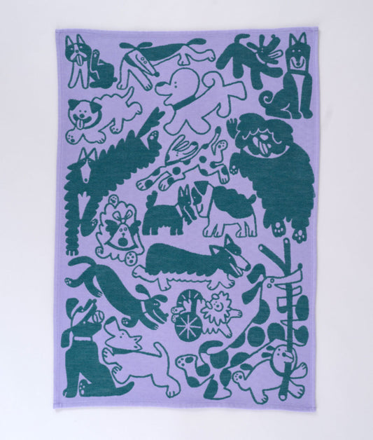 Dogs Day Out tea towel, lilac and green