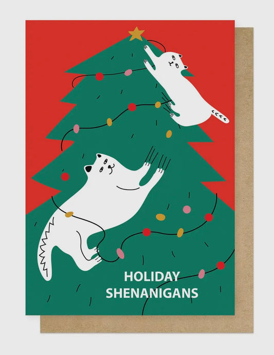 East End Prints - Cats Climbing Christmas Tree Greetings Card