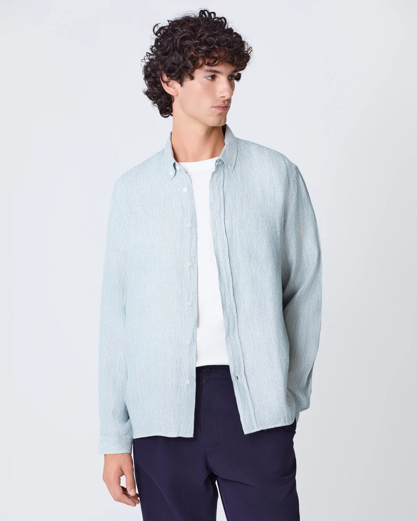 Branco Button Down Shirt, Green Stripes, Linen