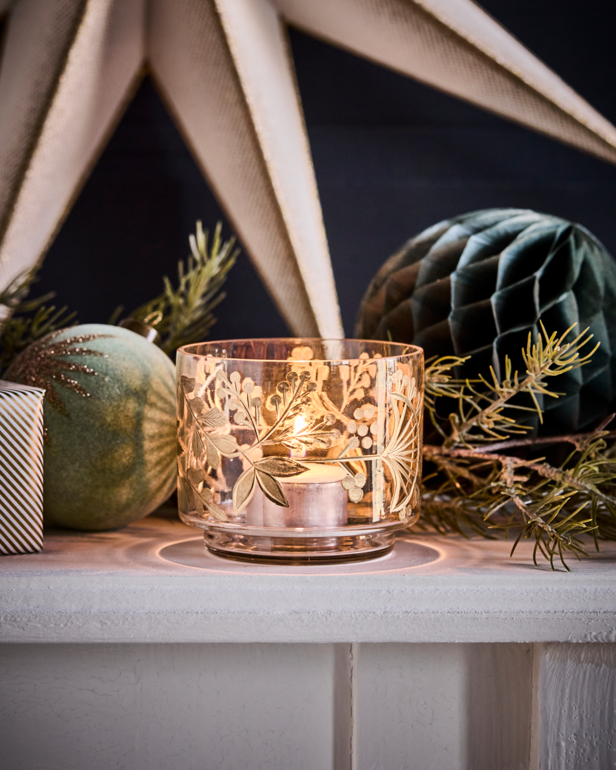 Tealight holder, Find, Glass & Gold, large