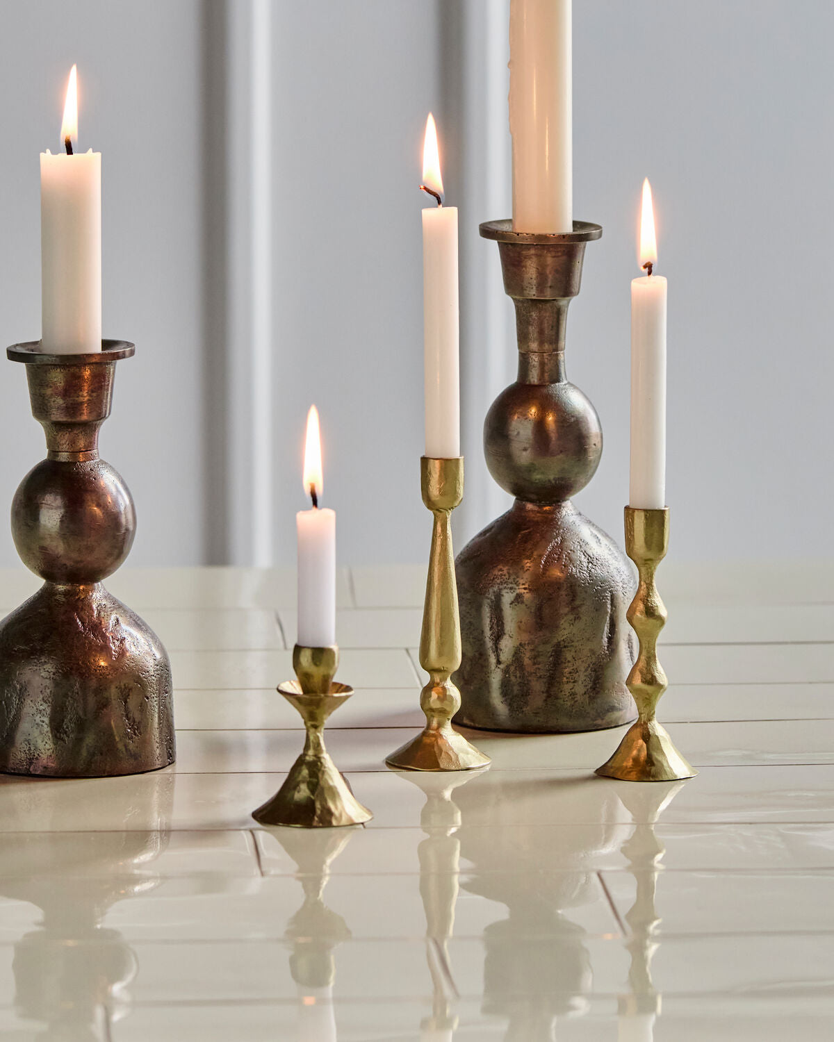 Candle holders, Set of 3, Castle, Antique Brass
