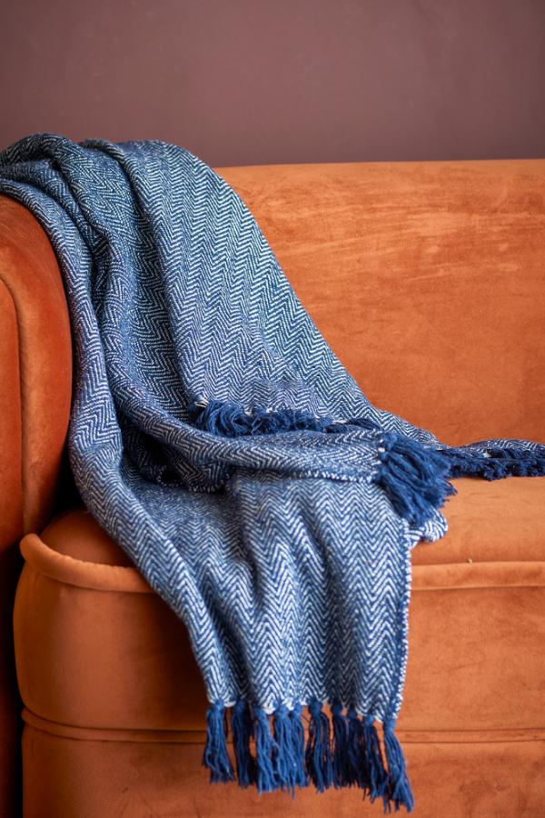 Herringbone Throw, Blue, Recycled Cotton & Fibres