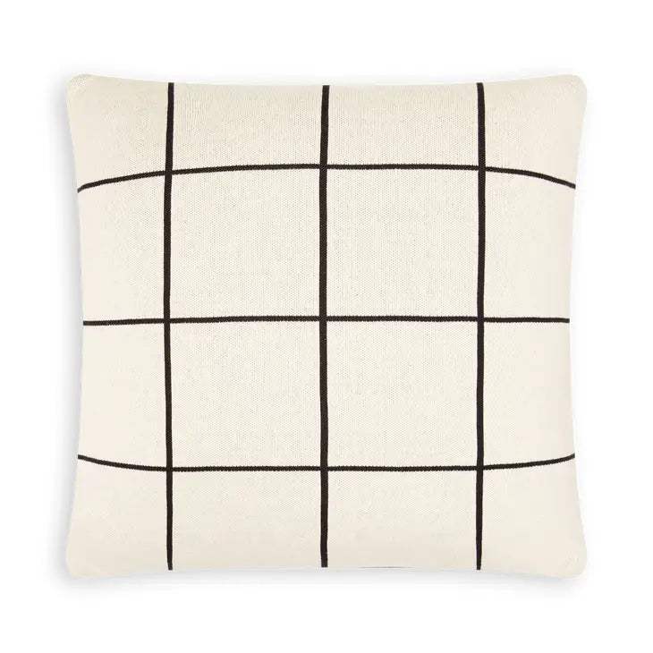 Cotton knit throw cushion, black grid