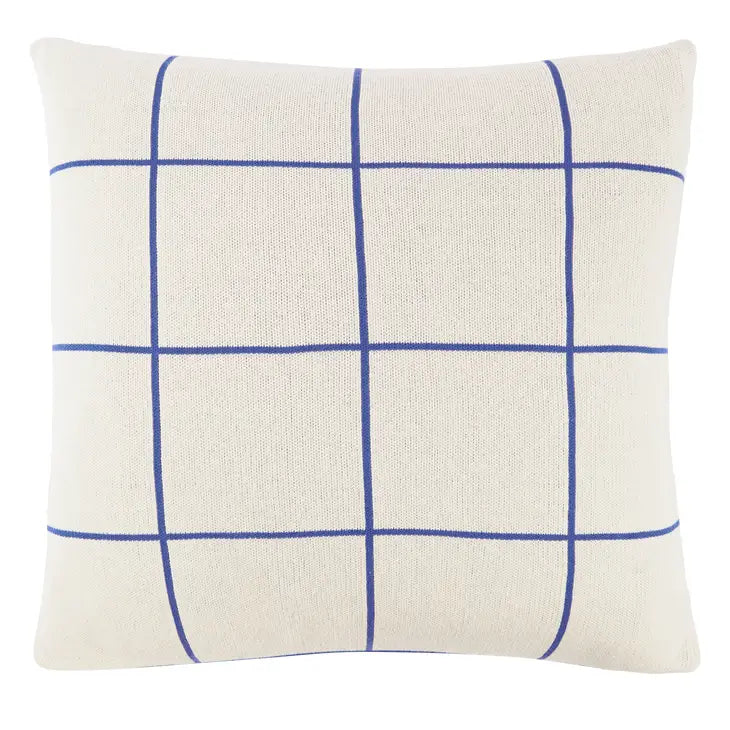 Cotton knit throw cushion, cobalt grid