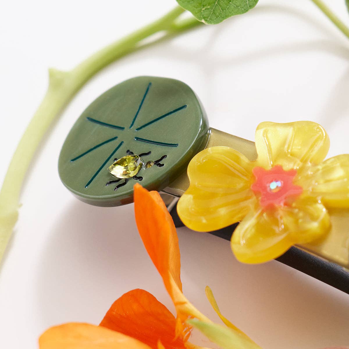 WINONA IRENE - Jeweled Nasturtium French Barrette - Flower Beetle Hair Clip