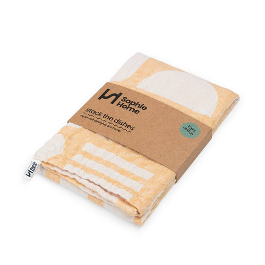 Sophie Home Ltd - Designer Cotton Tea Towel: Stack the Dishes Yellow