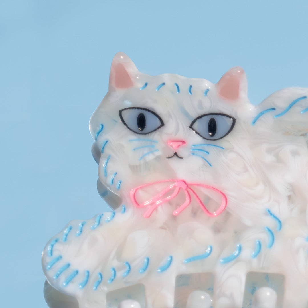 WINONA IRENE - Pretty Kitty White Persian Cat Hair Claw with Pink Bow