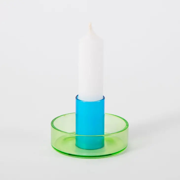 Green + blue glass candle holder